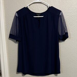 A New Day Navy Blouse with Sheer Sleeves